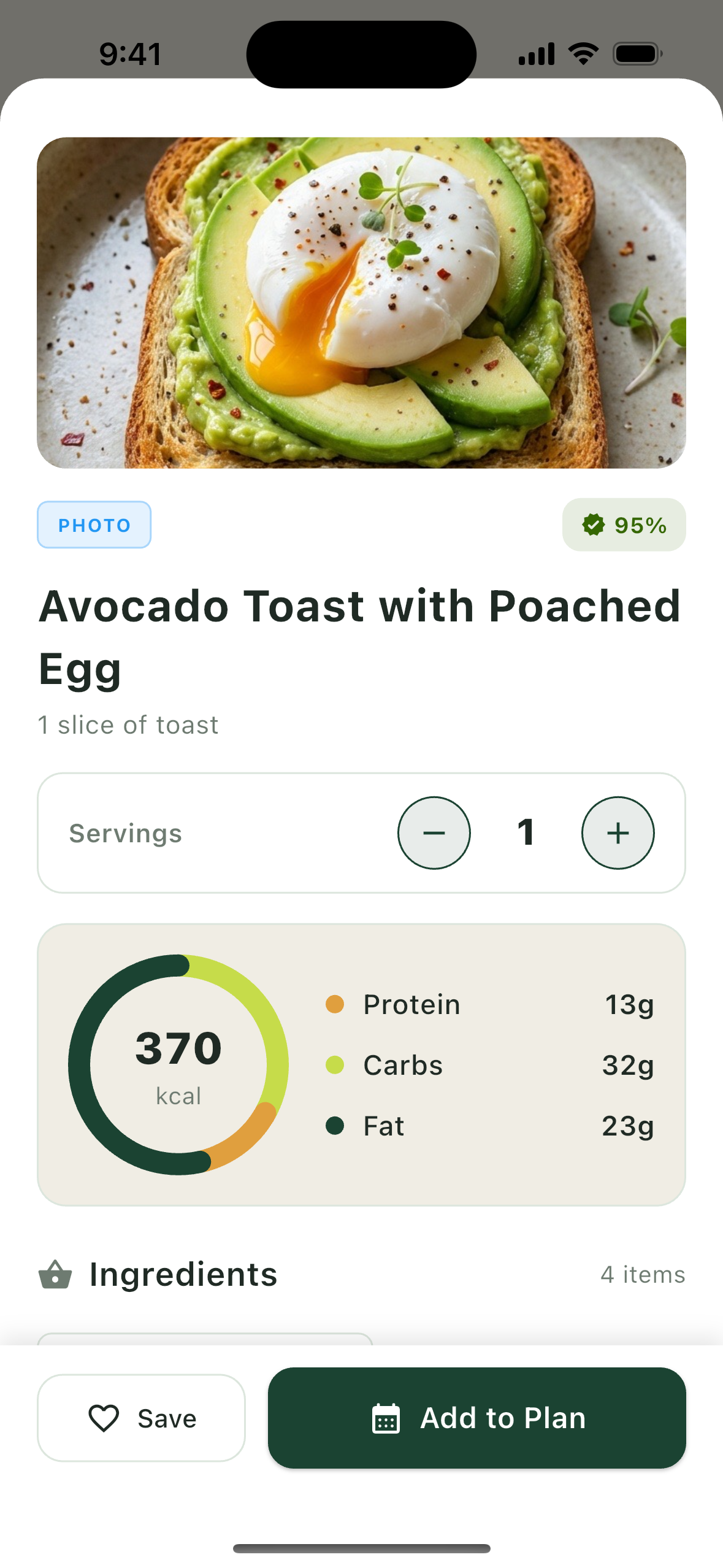 AI Photo Analysis showing Avocado Toast with macros